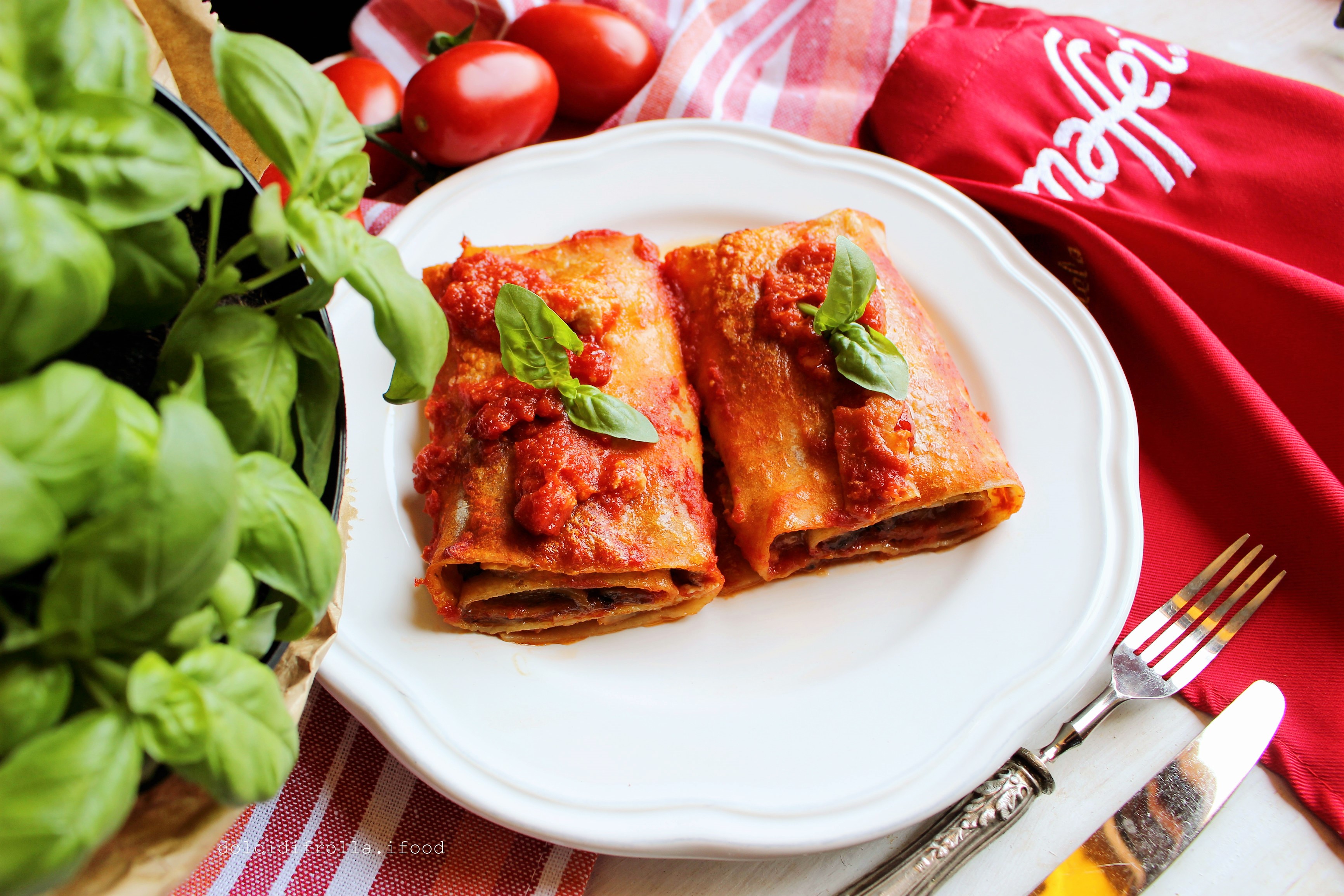 LASAGNE INTEGRALI ARROTOLATE CON MELANZANE RICOTTA E ‘NDUJA